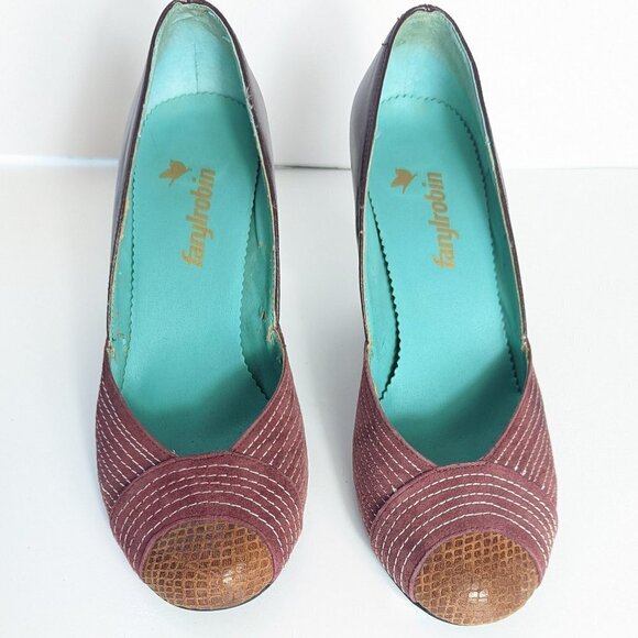 Farylrobin Anthropologie Heels Rockabilly Leather Croc Embroidered Retro Pumps - Picture 5 of 9